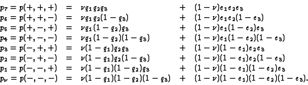 \begin{displaymath}
\begin{array}{lclcl}
p_7 = p(+,+,+) &=& \nu q_1q_2q_3 & + &...
...)(1-q_2)(1-q_3) & + & (1-\nu)(1-e_1)(1-e_2)(1-e_3).
\end{array}\end{displaymath}