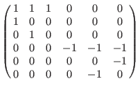 $\left(\matrix{
1& 2& 3& 4& 5& 0 \cr
1& 1& 1& 0& 0& 0 \cr
1& 0& 0& 0& 0& 0 \cr
0...
...
0& 0& 0& -1& -1& -1 \cr
0& 0& 0& 0& 0 & -1 \cr
0& 0& 0& 0& -1& 0 \cr
}\right)$